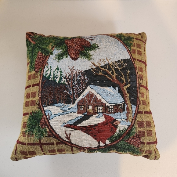 Vintage Tapestry Decorative Pillow Red Cardinal Winter Farm 15" Square Christmas - Picture 1 of 5